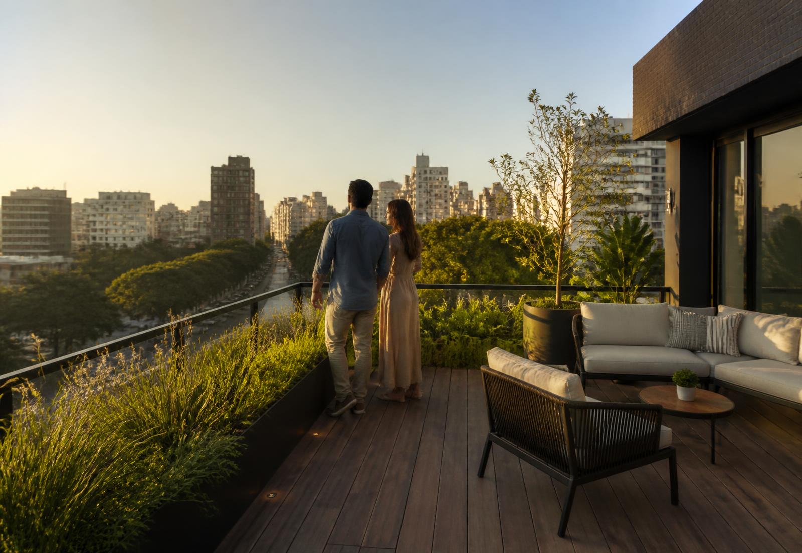 Pareja en la terraza de un departamento al atardecer