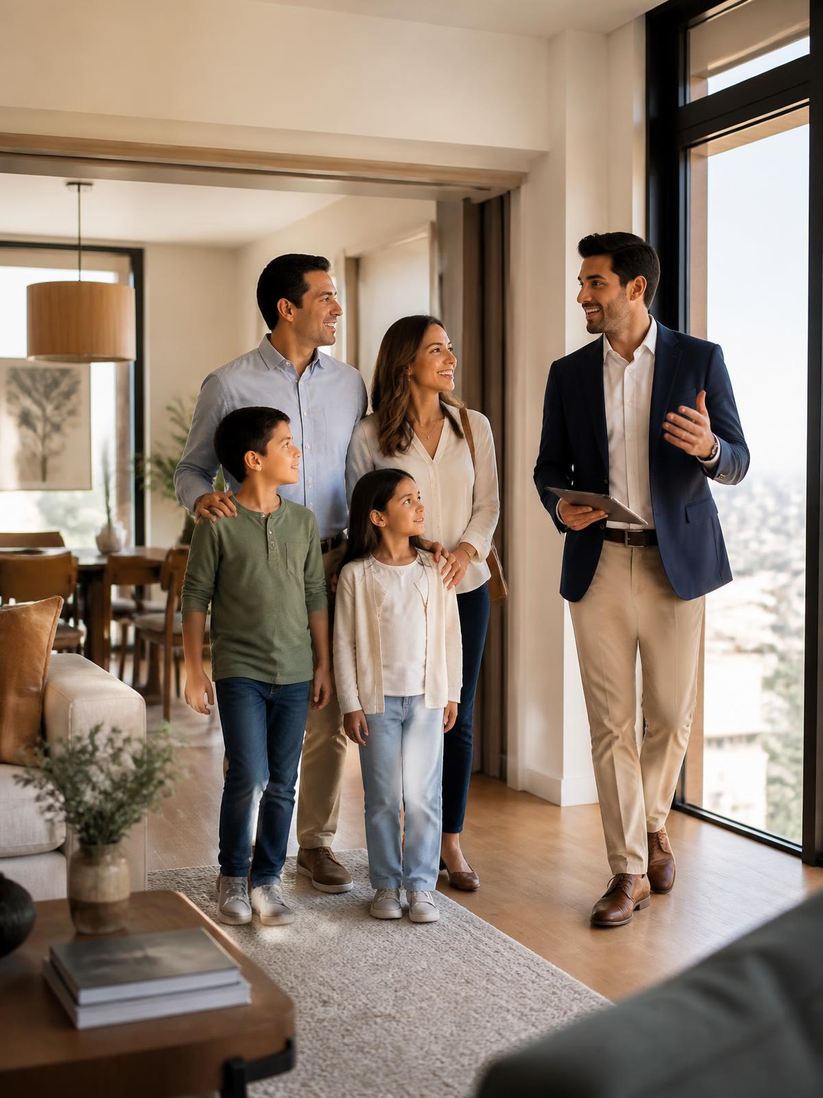 Familia recorriendo una vivienda Luzami junto a un asesor inmobiliario