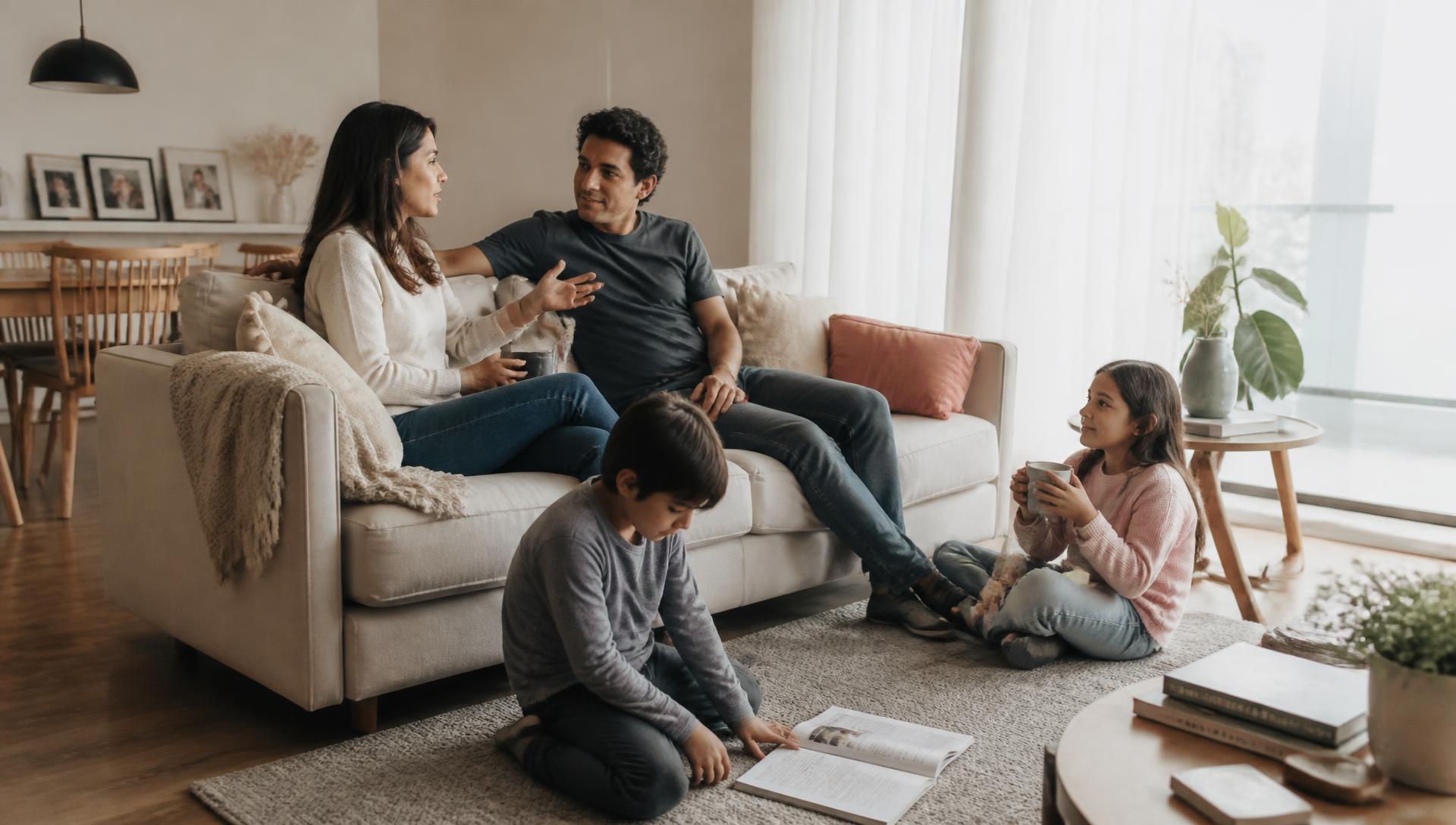 Familia compartiendo la sala de un departamento en Sienna
