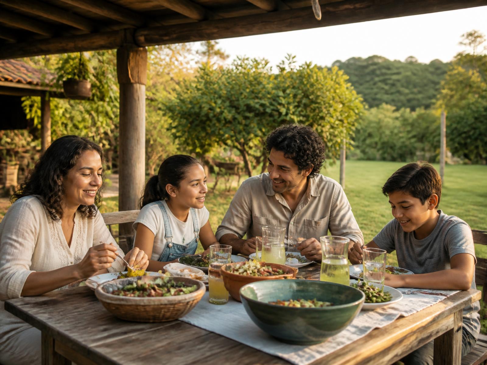 Familia almorzando bajo una pérgola en una casa de campo