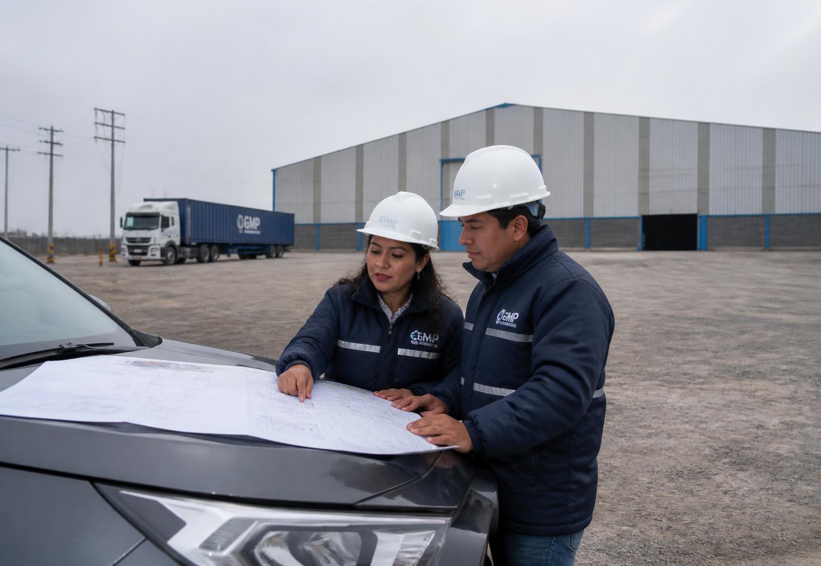 Empresarios revisando planos sobre un lote industrial de Nuevo Horizonte
