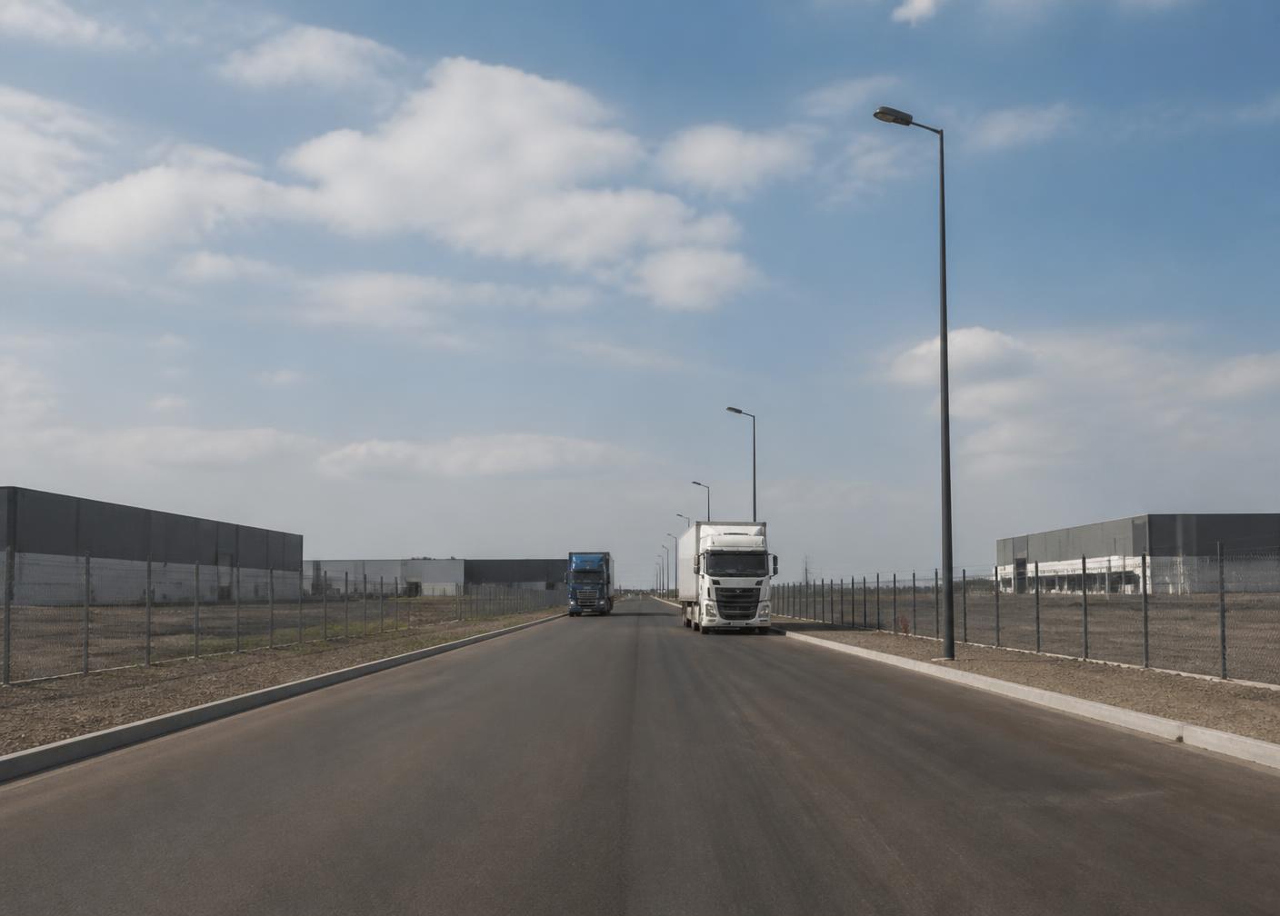 Vía interna del parque industrial con camiones de carga