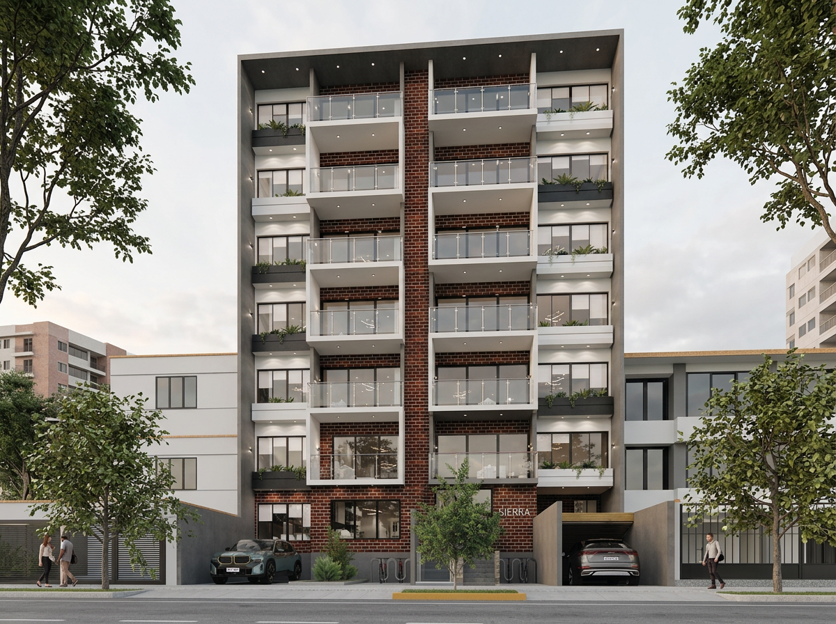 Fachada real de Residencial Sienna al anochecer en Av. Guardia Civil, San Isidro